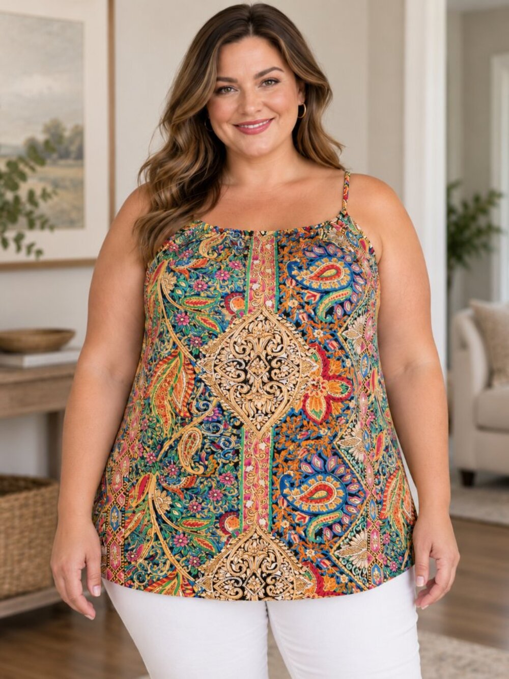 SHEIN Curve 2XL Multicolor Paisley Cami Top Boho Spaghetti Strap Plus Size